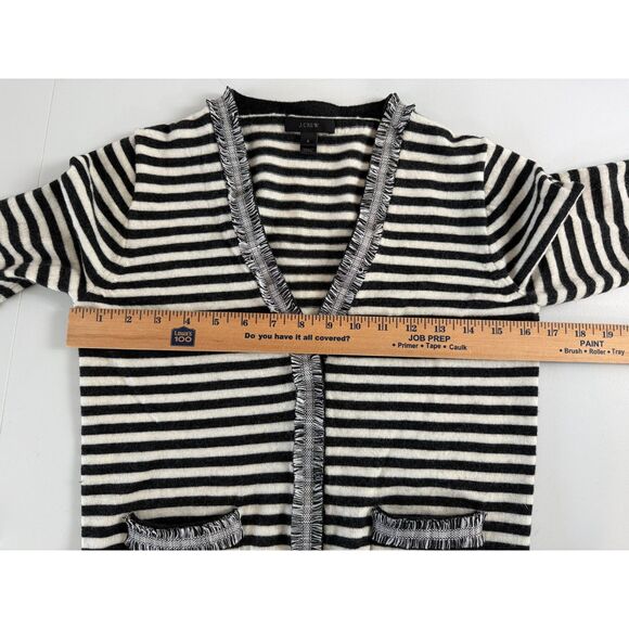 J Crew Button Up Cardigan Sweater Gray White Stripe Wool Fray Trim Women's S - Picture 7 of 11
